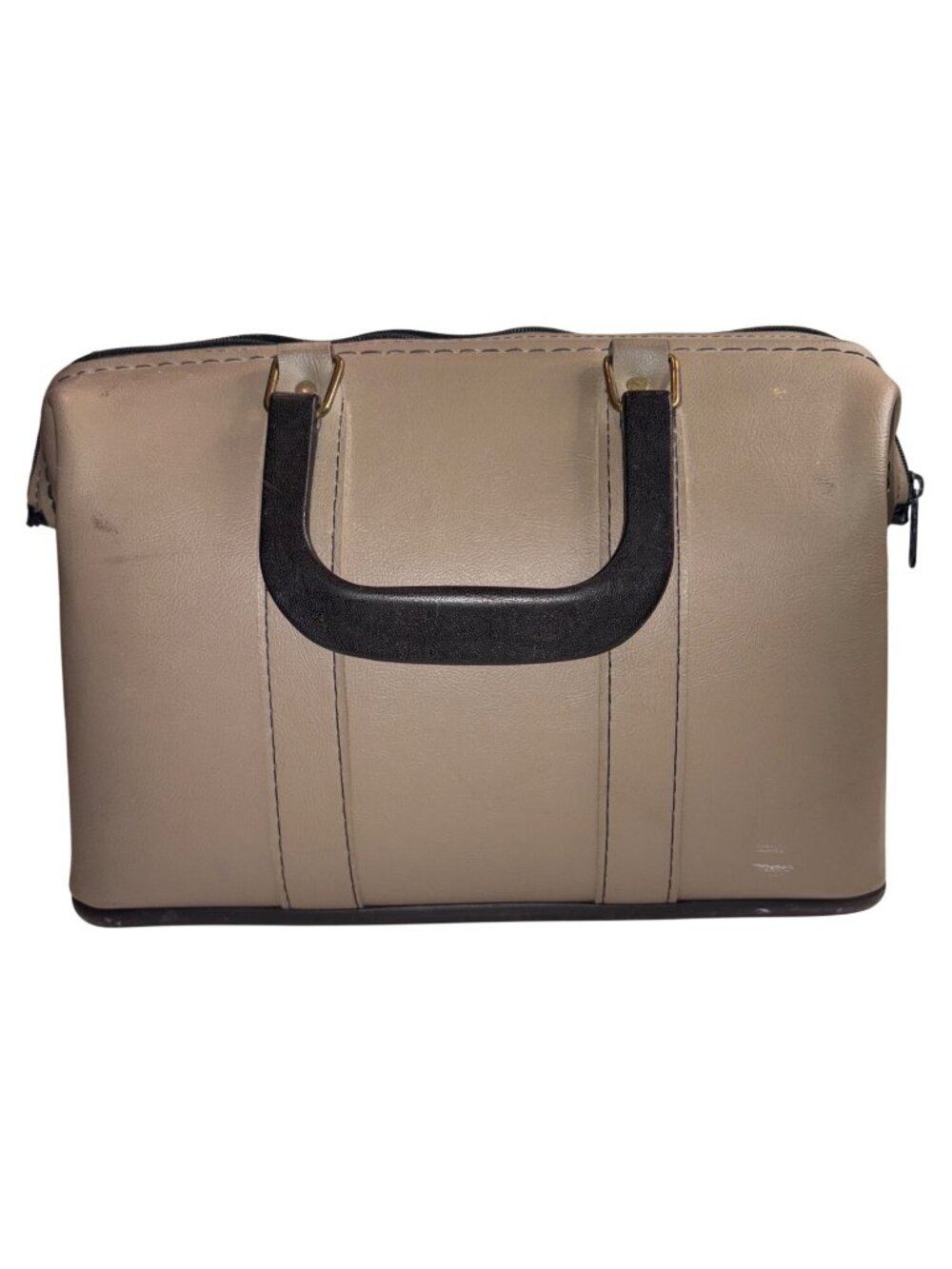 Vintage Tan & Black Faux Leather Handbag Zipper Closure By Service Mfg. Corp. Me